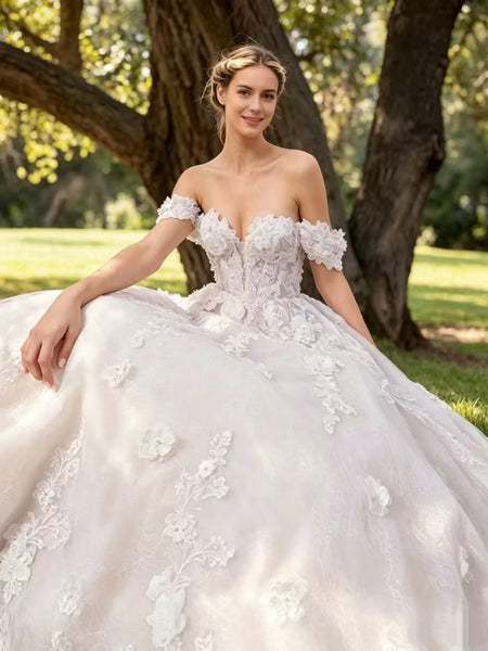 Off the Shoulder White Lace Long Prom Dresses, White Lace Wedding Dresses, White Formal Evening Dresses SP3484