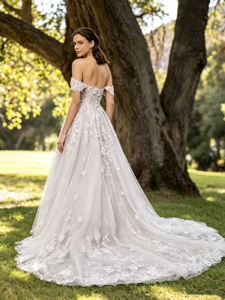 Off the Shoulder White Lace Long Prom Dresses, White Lace Wedding Dresses, White Formal Evening Dresses SP3484