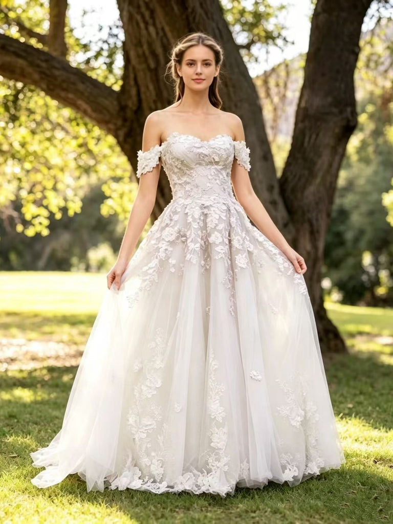 Off the Shoulder White Lace Long Prom Dresses, White Lace Wedding Dresses, White Formal Evening Dresses SP3484