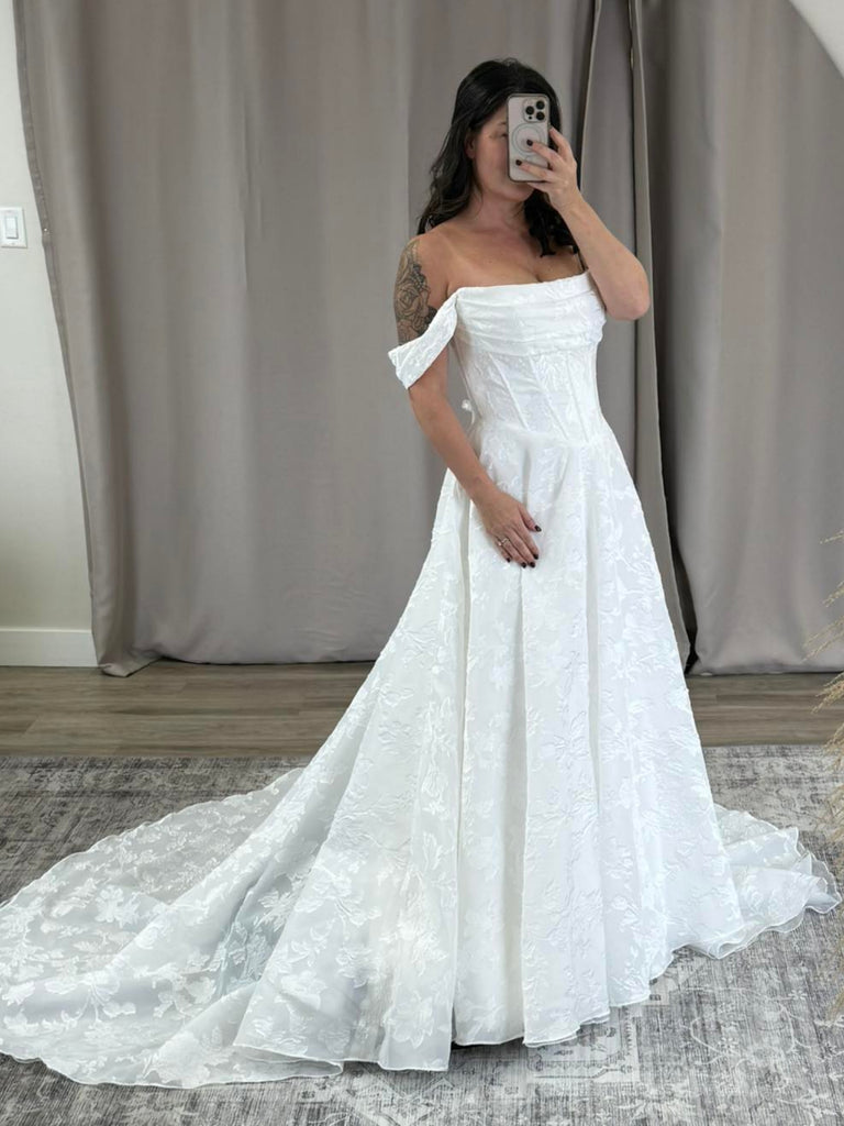 Off the Shoulder White Lace Long Prom Dresses with Train, White Lace Formal Evening Dresses, White Wedding Dresses SP3318