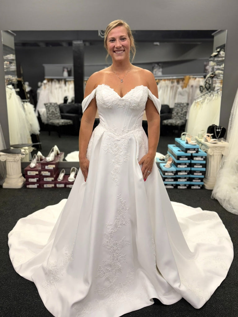 Off the Shoulder White Satin Long Prom Dresses with Lace Appliques, Off Shoulder White Formal Evening Dresses SP3365