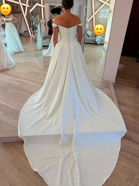 Off the Shoulder White Satin Long Wedding Dresses, Off Shoulder White Prom Dresses, White Formal Evening Dresses SP3480