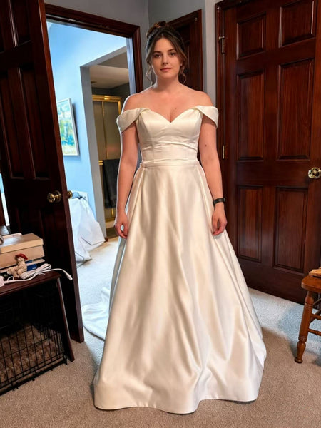 Off the Shoulder White Satin Long Wedding Dresses, Off Shoulder White Prom Dresses, White Formal Evening Dresses SP3480