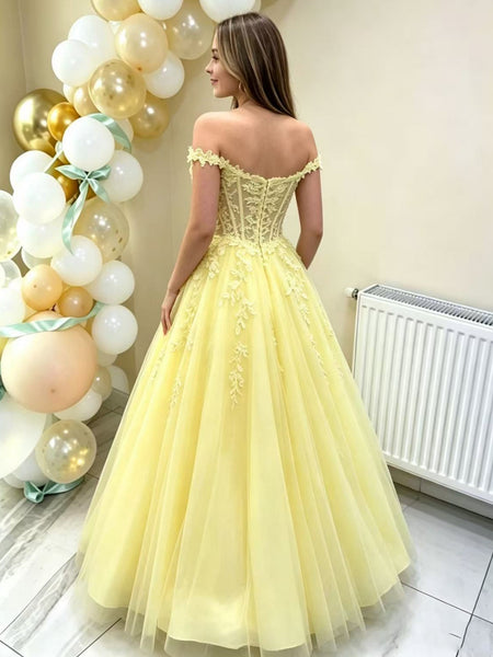 Off the Shoulder Yellow Lace Long Prom Dresses, Yellow Lace Formal Dresses, Yellow Evening Dresses SP3487