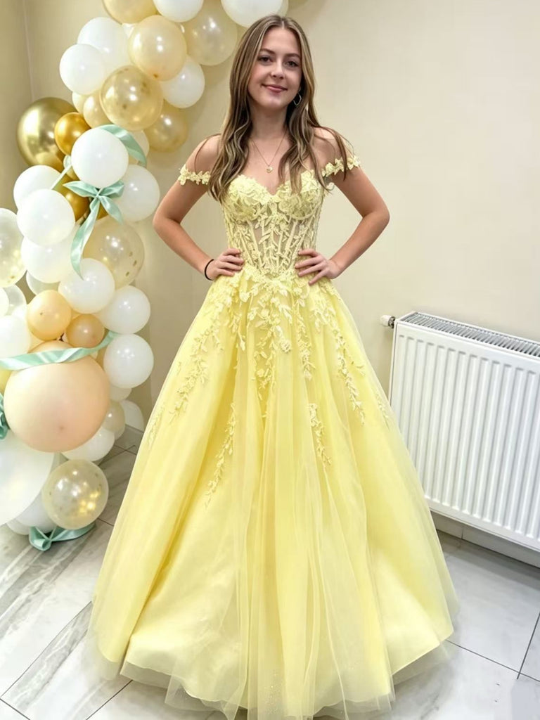 Off the Shoulder Yellow Lace Long Prom Dresses, Yellow Lace Formal Dre – Shiny Party