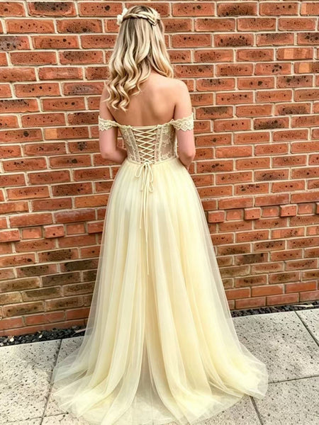 Off the Shoulder Yellow Lace Long Prom Dresses with Slit, Off Shoulder Yellow Formal Dresses, Yellow Lace Evening Dresses SP3509