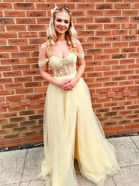 Off the Shoulder Yellow Lace Long Prom Dresses with Slit, Off Shoulder Yellow Formal Dresses, Yellow Lace Evening Dresses SP3509