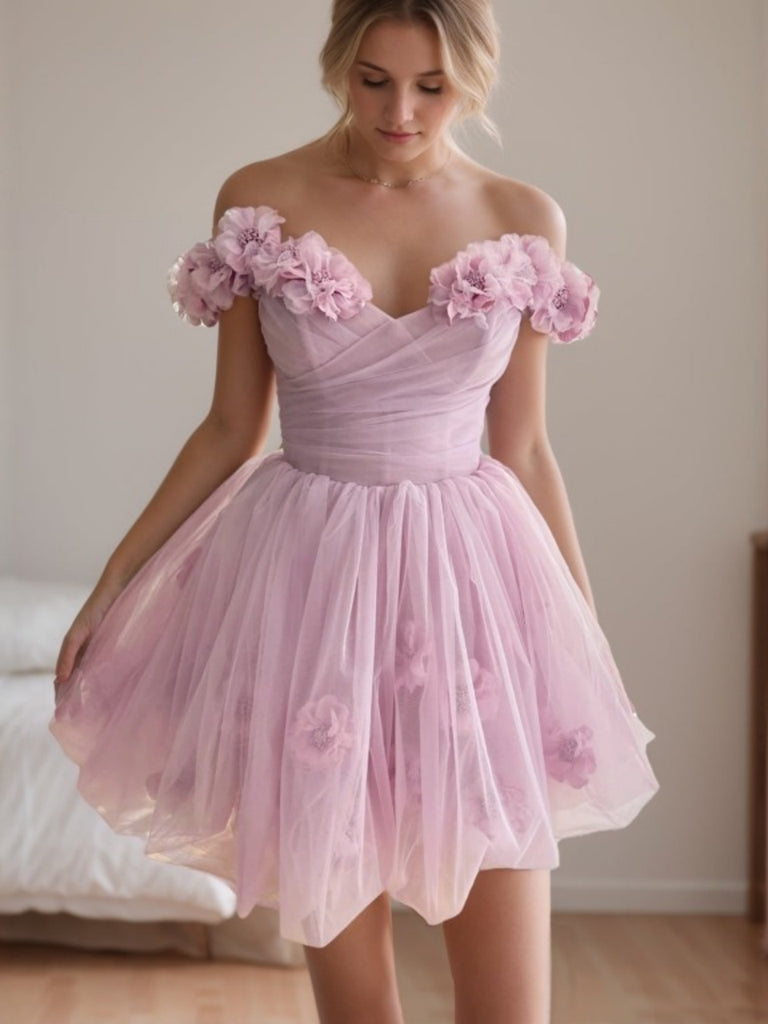 Off the Shouler Pink Purple Floral Short Prom Dresses, Pink Purple Homecoming Dresses with 3D Flowers, Short Formal Graduation Evening Dresses SP3215