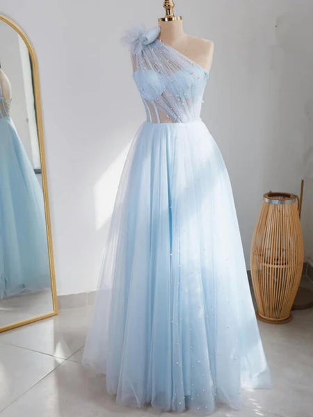 One Shoulder Beaded Light Blue Tulle Long Prom Dresses, One Shoulder Formal Dresses, Light Blue Evening Dresses SP2759