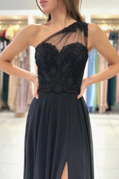 One Shoulder Black Lace Long Prom Dresses with High Slit, Black Lace Formal Dresses, Black Evening Dresses SP2724