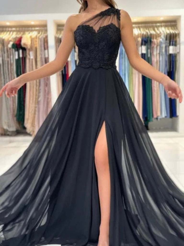 One Shoulder Black Lace Long Prom Dresses with High Slit, Black Lace F Shiny Party One Shoulder Black Lace Long Prom Dresses with High Slit, Black Lace F Shiny Party