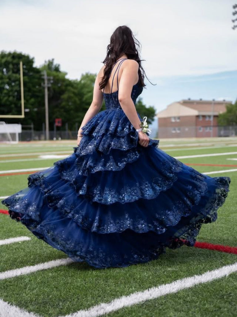 One Shoulder Layered Navy Blue Lace Long Prom Dresses, High Slit Navy Shiny Party One Shoulder Layered Navy Blue Lace Long Prom Dresses, High Slit Navy Shiny Party