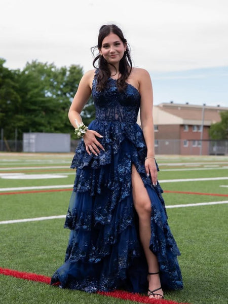 One Shoulder Layered Navy Blue Lace Long Prom Dresses, High Slit Navy Blue Lace Formal Graduation Evening Dresses SP3102