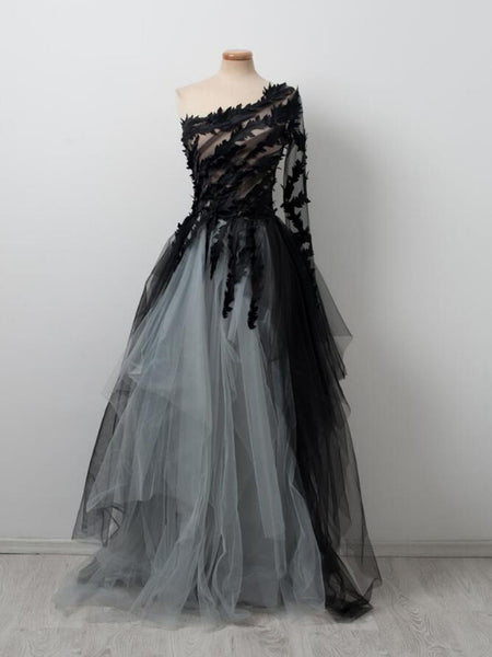 One Shoulder Long Sleeves Black Lace Gray Long Prom Dresses, Black Lace Formal Dresses, Gray Evening Dresses SP2837