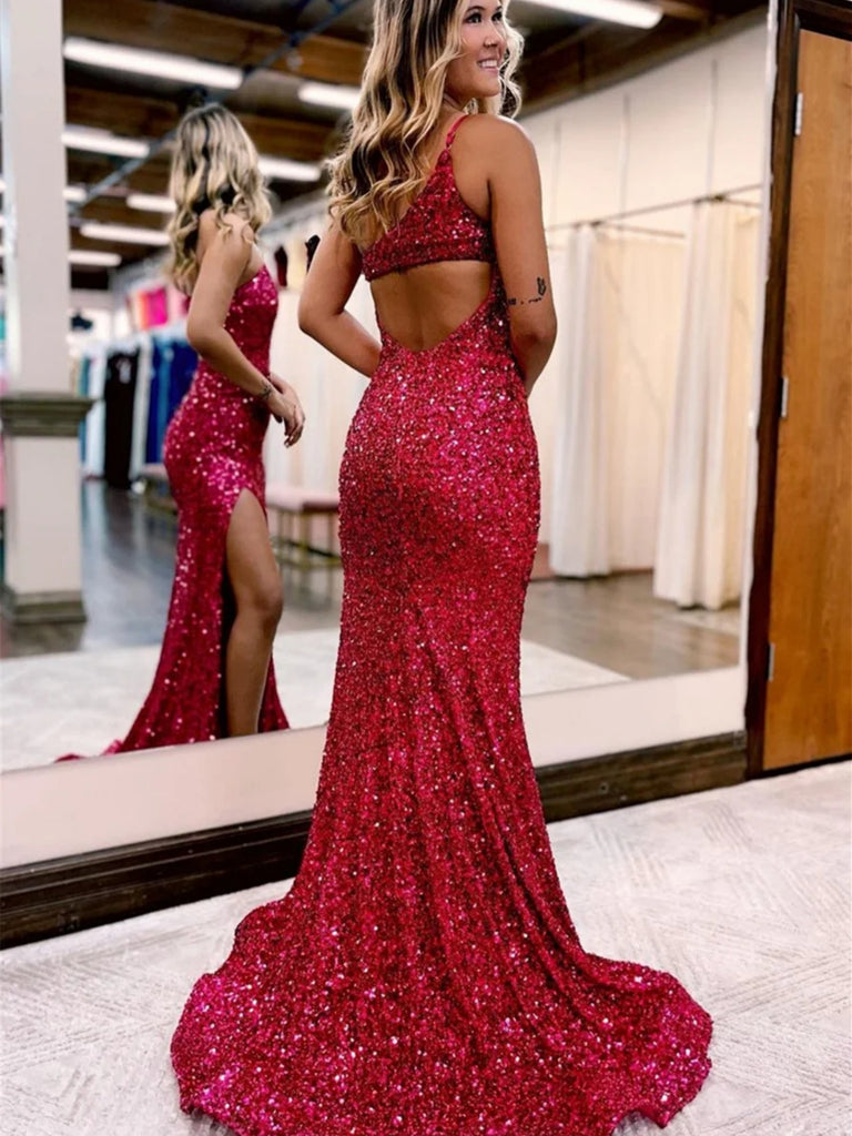 One Shoulder Mermaid Burgundy Sequins Long Prom Dresses with High Slit – Shiny Party One Shoulder Mermaid Burgundy Sequins Long Prom Dresses with High Slit – Shiny Party