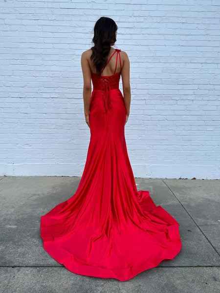 One Shoulder Mermaid Red Lace Long Prom Dresses with Slit, Mermaid Red Formal Dresses, Red Lace Evening Dresses SP3446