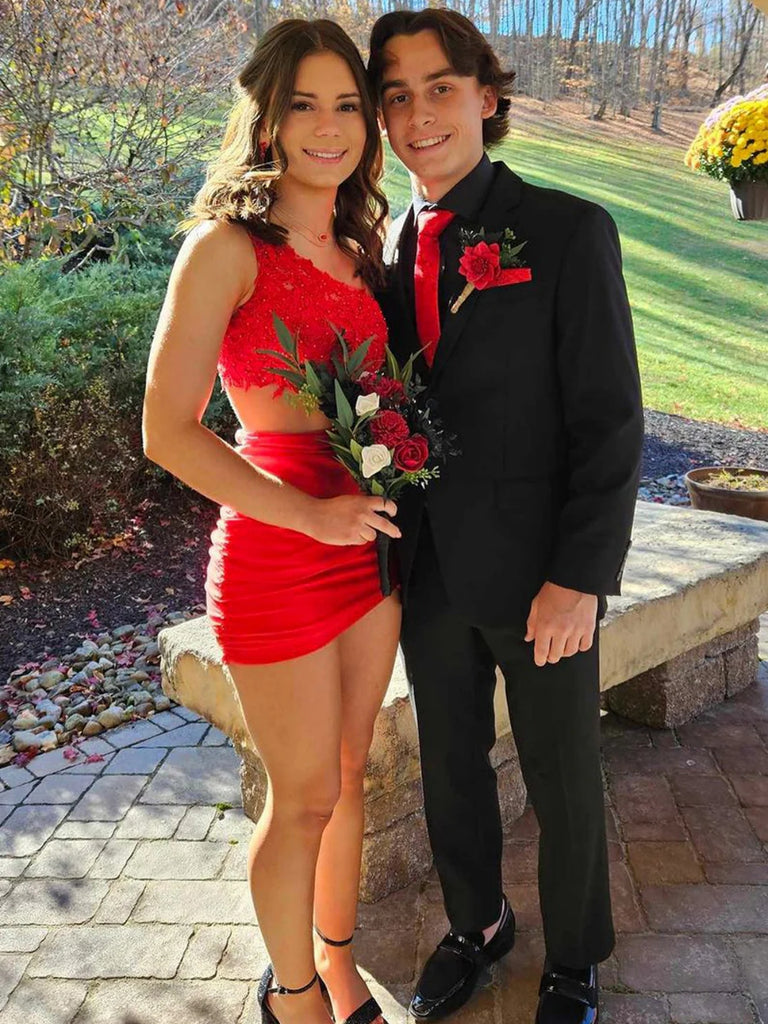 One Shoulder Mermaid Red Lace Short Prom Dresses, Red Lace Homecoming Shiny Party One Shoulder Mermaid Red Lace Short Prom Dresses, Red Lace Homecoming Shiny Party