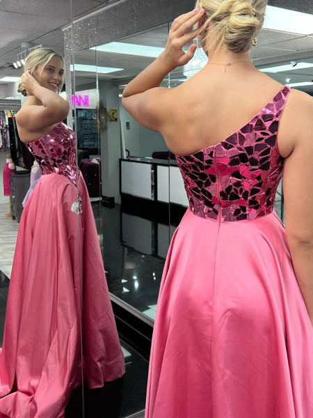 One Shoulder Mirror Sequins Pink Long Prom Dresses with High Slit, One Shoulder Pink Formal Graduation Evening Dresses SP2773