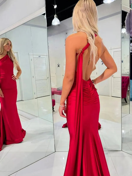 One Shoulder Open Back Mermaid Red Satin Long Prom Dresses, Mermaid Red Formal Graduation Evening Dresses SP3286