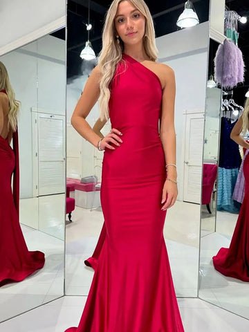 One Shoulder Open Back Mermaid Red Satin Long Prom Dresses, Mermaid Red Formal Graduation Evening Dresses SP3286