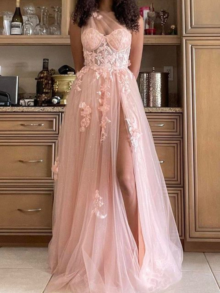 One Shoulder Pink/Black Lace Floral Long Prom Dresses with High Slit, – Shiny Party One Shoulder Pink/Black Lace Floral Long Prom Dresses with High Slit, – Shiny Party