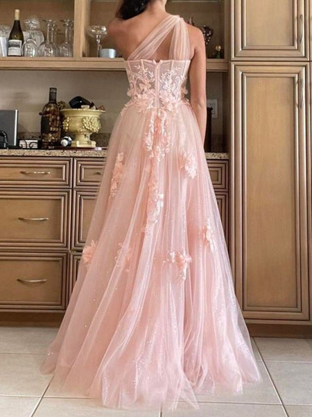 One Shoulder Pink/Black Lace Floral Long Prom Dresses with High Slit, Pink/Black Formal Graduation Evening Dresses SP3011