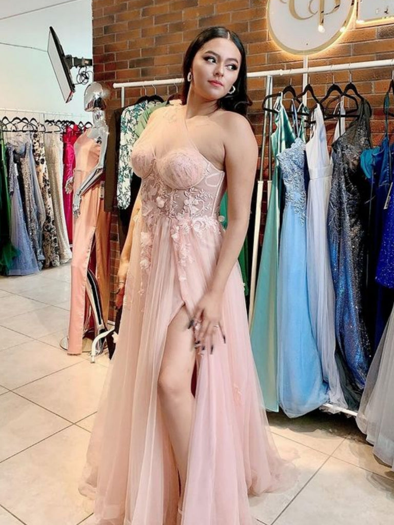 One Shoulder Pink/Black Lace Floral Long Prom Dresses with High Slit, Shiny Party One Shoulder Pink/Black Lace Floral Long Prom Dresses with High Slit, Shiny Party