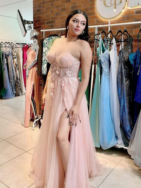 One Shoulder Pink/Black Lace Floral Long Prom Dresses with High Slit, Pink/Black Formal Graduation Evening Dresses SP3011