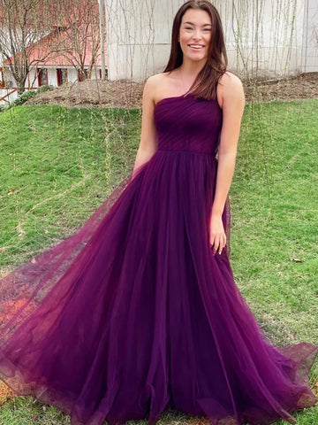 One Shoulder Purple Tulle Long Prom Dresses, Long Purple Formal Graduation Evening Dresses SP2947