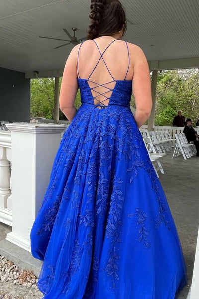 Open Back Beaded Royal Blue Lace Long Prom Dresses, Royal Blue Lace Formal Evening Dresses, Royal Blue Ball Gown SP2805