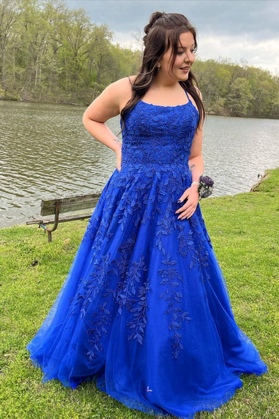 Open Back Beaded Royal Blue Lace Long Prom Dresses, Royal Blue Lace Formal Evening Dresses, Royal Blue Ball Gown SP2805