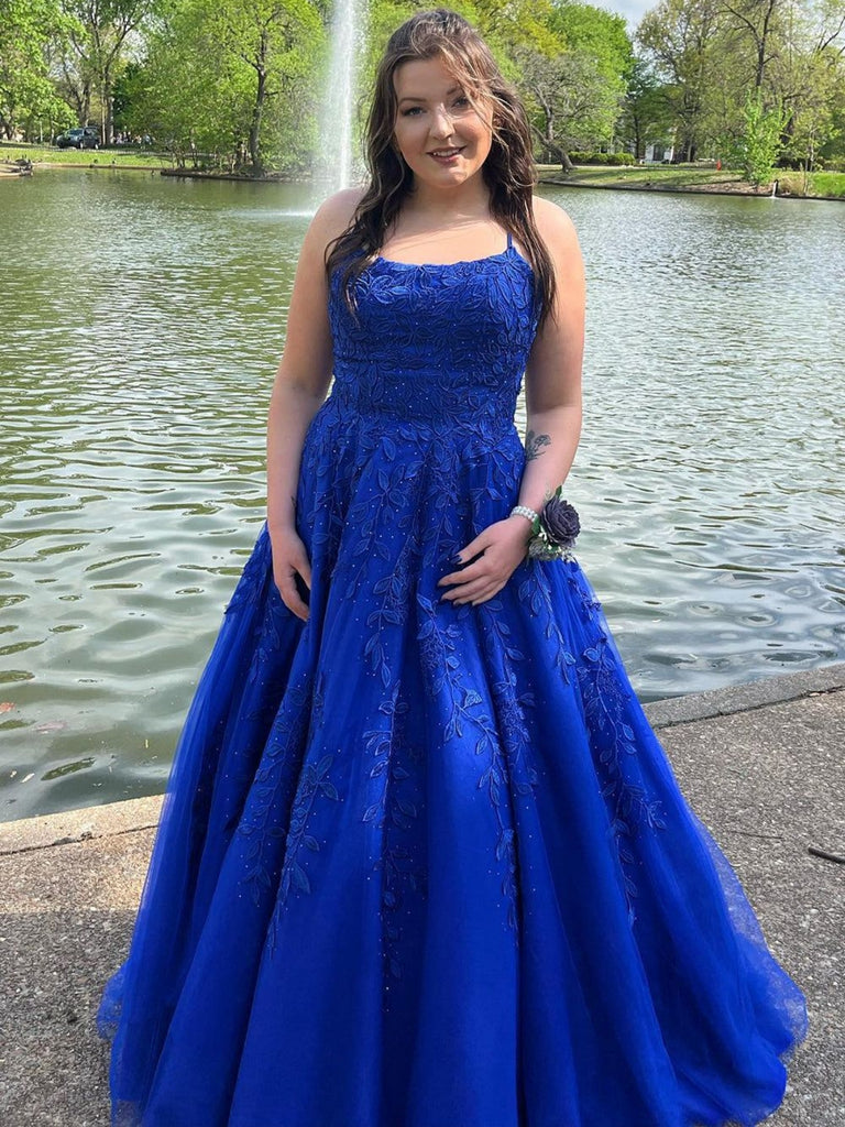 Open Back Beaded Royal Blue Lace Long Prom Dresses, Royal Blue Lace Fo Shiny Party Open Back Beaded Royal Blue Lace Long Prom Dresses, Royal Blue Lace Fo Shiny Party