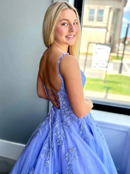 Open Back Blue Lace Long Prom Dresses with Pocket, Blue Lace Formal Dresses, Long Blue Evening Dresses SP2809