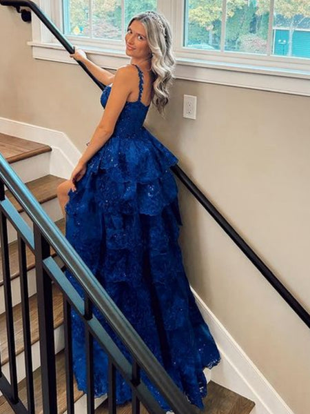 Open Back High Low Layered Blue Lace Long Prom Dresses, Blue Lace Formal Dresses, Blue Evening Dresses SP2869