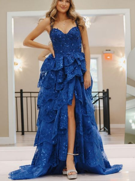 Open Back High Low Layered Blue Lace Long Prom Dresses, Blue Lace Formal Dresses, Blue Evening Dresses SP2869