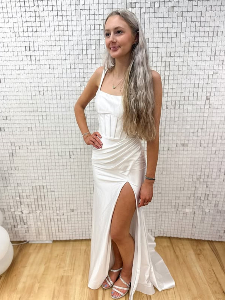 Open Back High Slit White Satin Long Prom Dresses, Long White Formal G Shiny Party Open Back High Slit White Satin Long Prom Dresses, Long White Formal G Shiny Party
