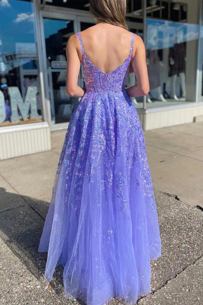 Open Back Lavender Lace Long Prom Dresses with Sequins, Lavender Lace Shiny Party Open Back Lavender Lace Long Prom Dresses with Sequins, Lavender Lace Shiny Party