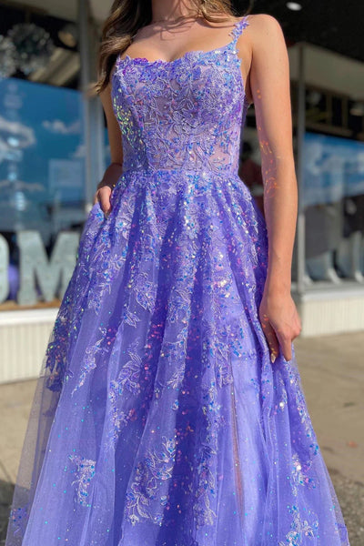 Open Back Lavender Lace Long Prom Dresses with Sequins, Lavender Lace