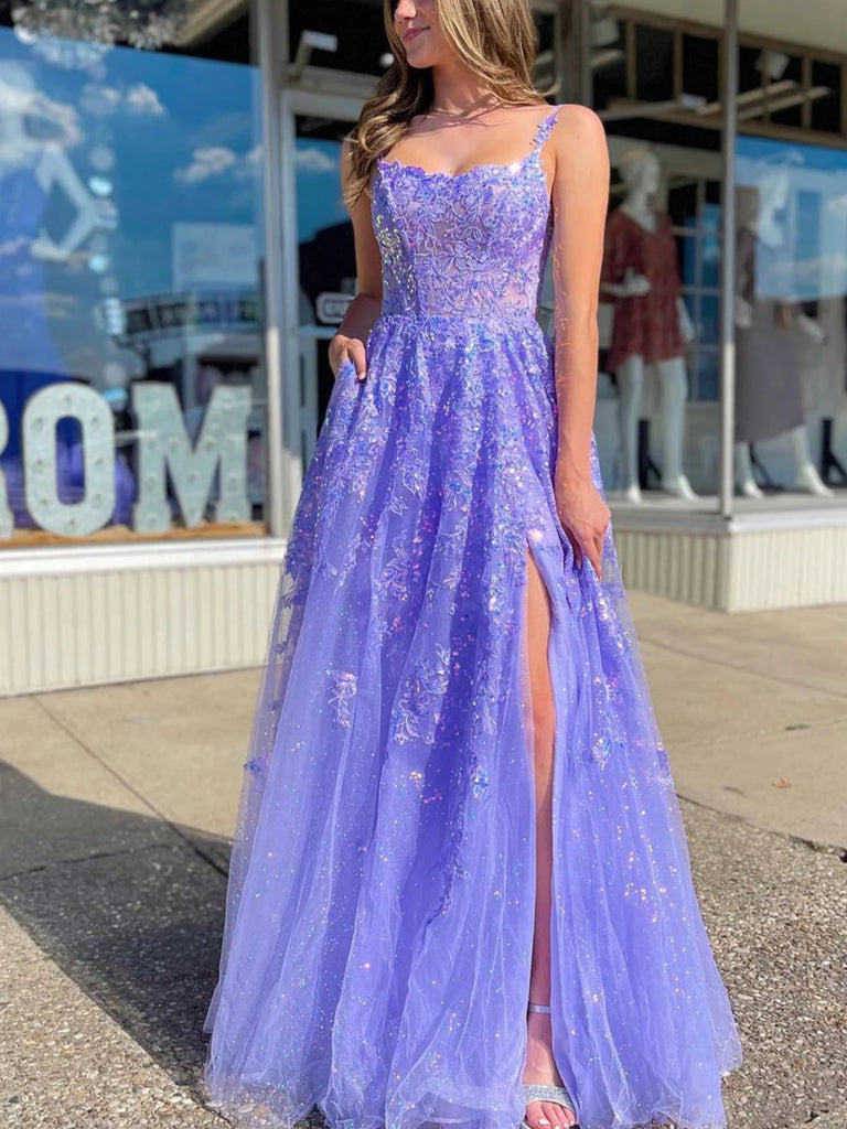 Open Back Lavender Lace Long Prom Dresses with Sequins, Lavender Lace Formal Dresses, Lavender Evening Dresses with High Slit SP2815