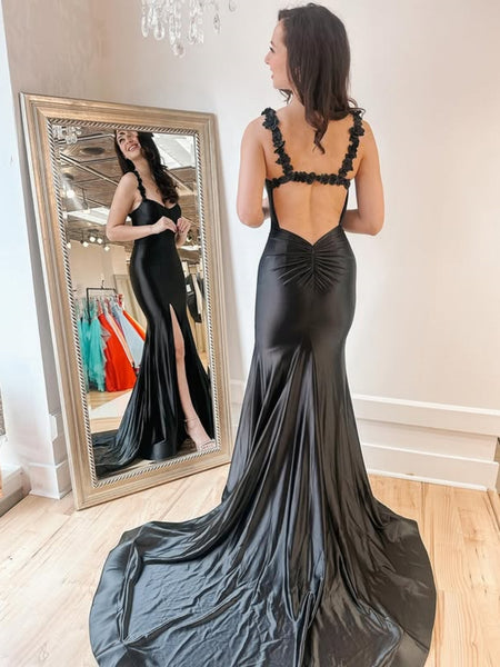 Open Back Mermaid Black Satin Long Prom Dresses with High Slit, Mermaid Black Formal Dresses, Black Evening Dresses with Train