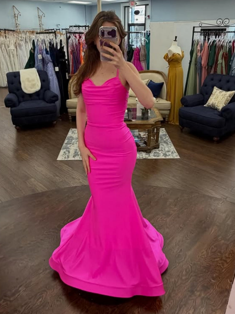 Open Back Mermaid Hot Pink Satin Long Prom Dresses, Mermaid Hot Pink Formal Dresses, Hot Pink Evening Dresses SP3404