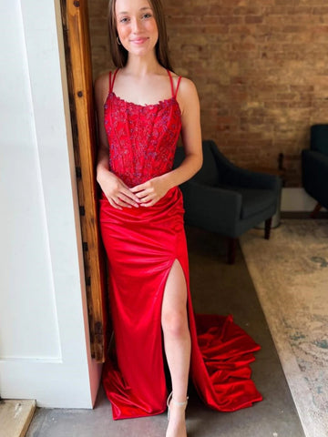Open Back Mermaid Red Lace Long Prom Dresses with High Slit, Red Lace Formal Dresses, Red Evening Dresses with Train SP2812