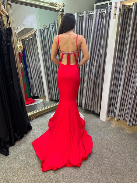 Open Back Mermaid Red Long Prom Dresses with Train, Mermaid Red Formal Dresses, Long Red Evening Dresses SP2985