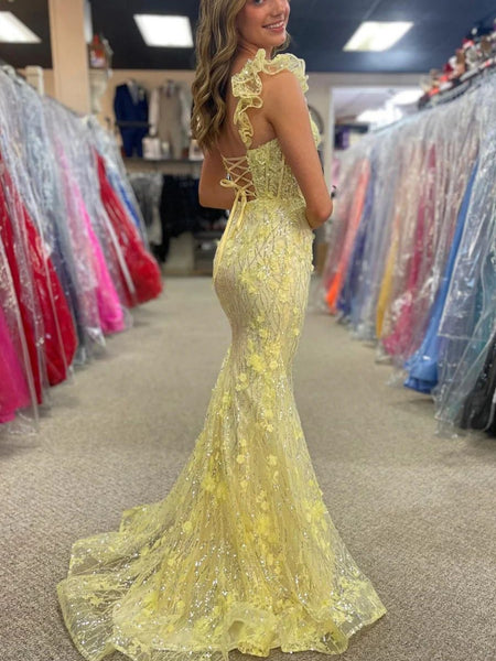 Open Back Mermaid Yellow Lace Floral Long Prom Dresses with Train, Mermaid Yellow Formal Dresses, Yellow Lace Evening Dresses SP2870