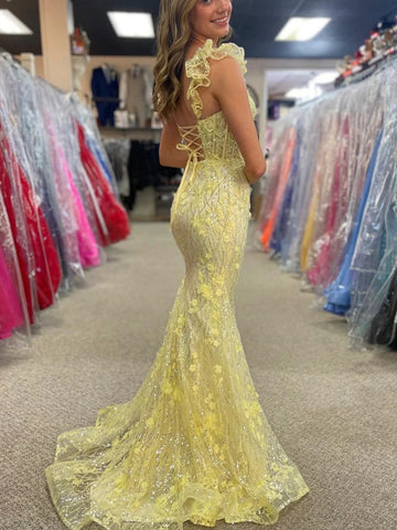 Open Back Mermaid Yellow Lace Floral Long Prom Dresses with Train, Mermaid Yellow Formal Dresses, Yellow Lace Evening Dresses SP2870