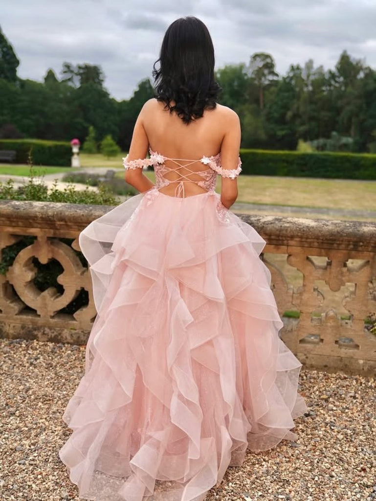 Open Back Off the Shoulder Pink/Light Blue Lace Long Prom Dresses, Flu Shiny Party Open Back Off the Shoulder Pink/Light Blue Lace Long Prom Dresses, Flu Shiny Party