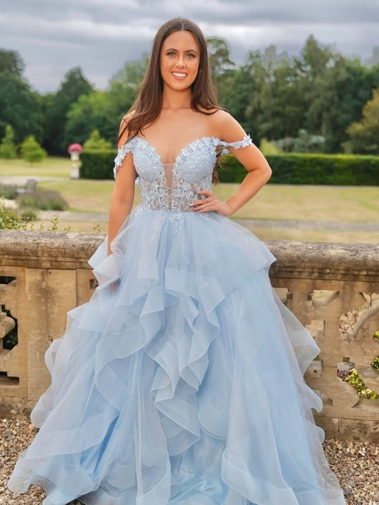 Open Back Off the Shoulder Pink/Light Blue Lace Long Prom Dresses, Fluffy Pink/Light Blue Tulle Formal Graduation Evening Dresses SP3373