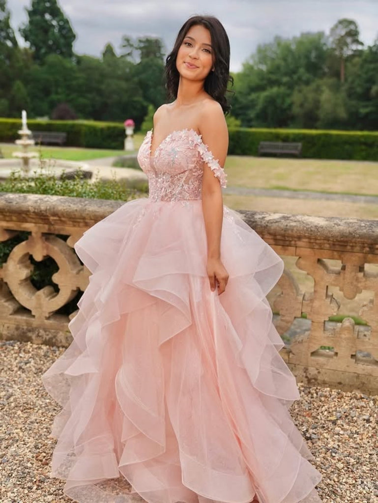 Open Back Off the Shoulder Pink/Light Blue Lace Long Prom Dresses, Flu Shiny Party Open Back Off the Shoulder Pink/Light Blue Lace Long Prom Dresses, Flu Shiny Party