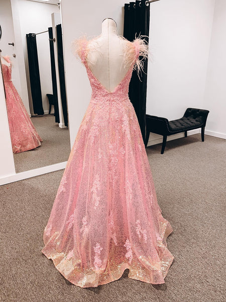 Open Back Pink Lace Prom Dresses Long, Pink Lace Formal Dresses, Pink Evening Dresses SP2682