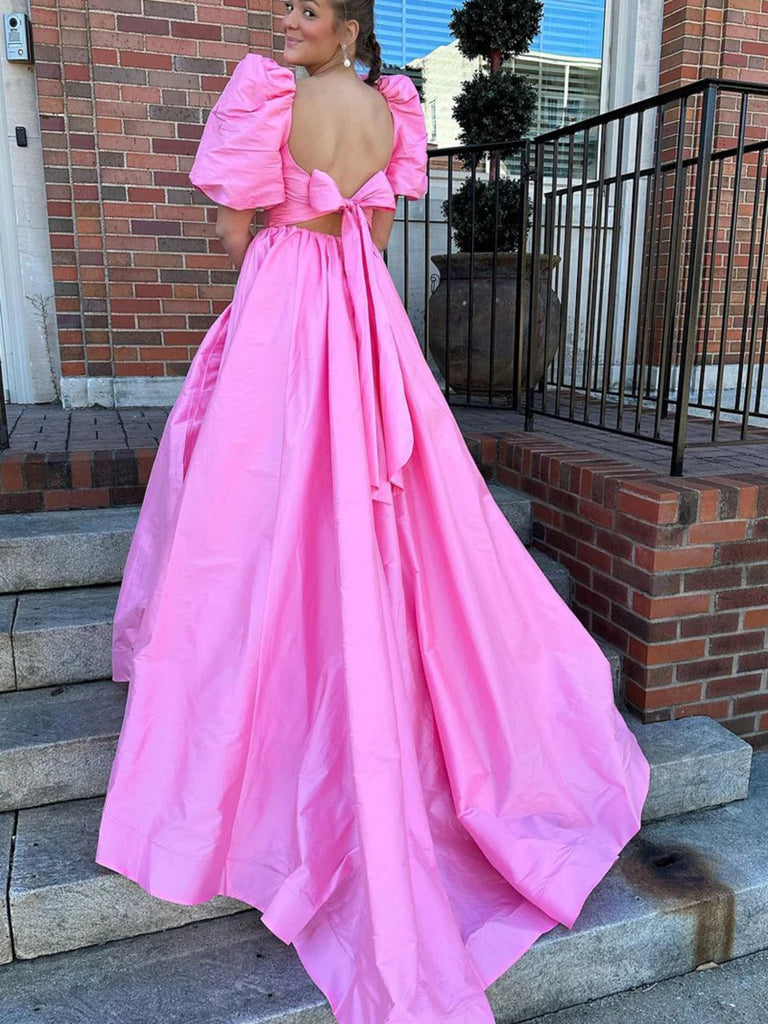 Open Back Puff Sleeves Pink Satin Long Prom Dresses, Long Pink Formal Graduation Evening Dresses SP2827 Open Back Puff Sleeves Pink Satin Long Prom Dresses, Long Pink Formal Graduation Evening Dresses SP2827